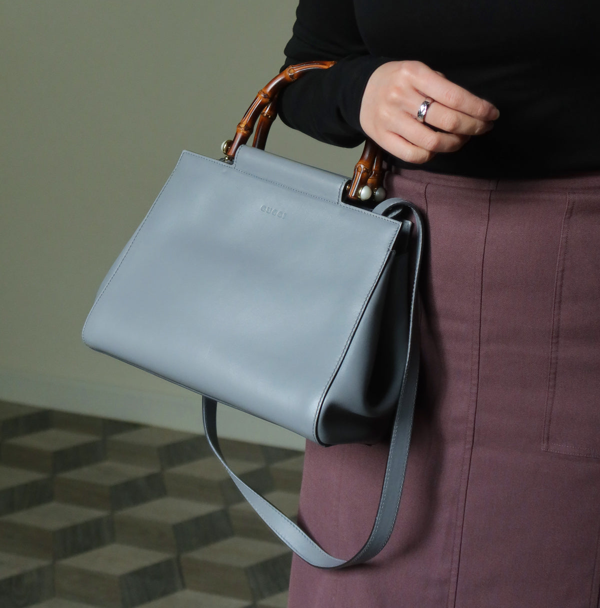 Gucci Vintage Nymphaea Gray Leather Bamboo Handle Pearl 2way Shoulder Bag