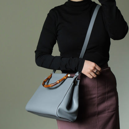 Gucci Vintage Nymphaea Gray Leather Bamboo Handle Pearl 2way Shoulder Bag