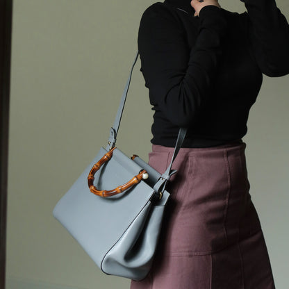 Gucci Vintage Nymphaea Gray Leather Bamboo Handle Pearl 2way Shoulder Bag