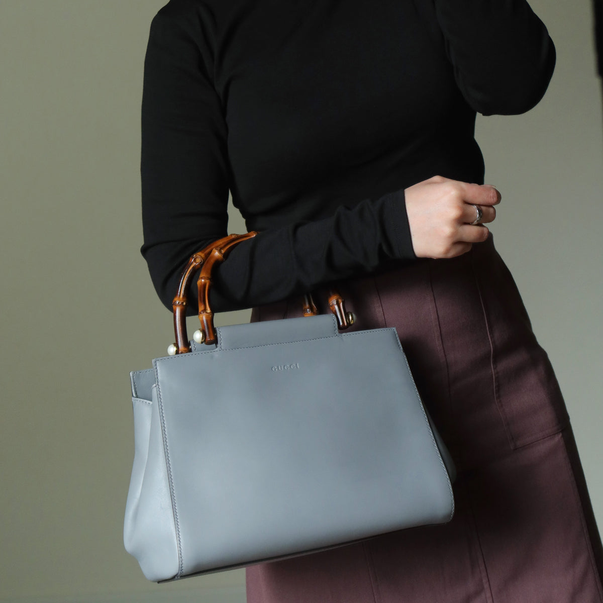 Gucci Vintage Nymphaea Gray Leather Bamboo Handle Pearl 2way Shoulder Bag