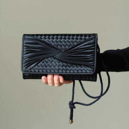 Rare Bottega Veneta Vintage Black Satin Intrecciato Bow Clutch 2 way Shoulder Bag