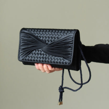 Rare Bottega Veneta Vintage Black Satin Intrecciato Bow Clutch 2 way Shoulder Bag