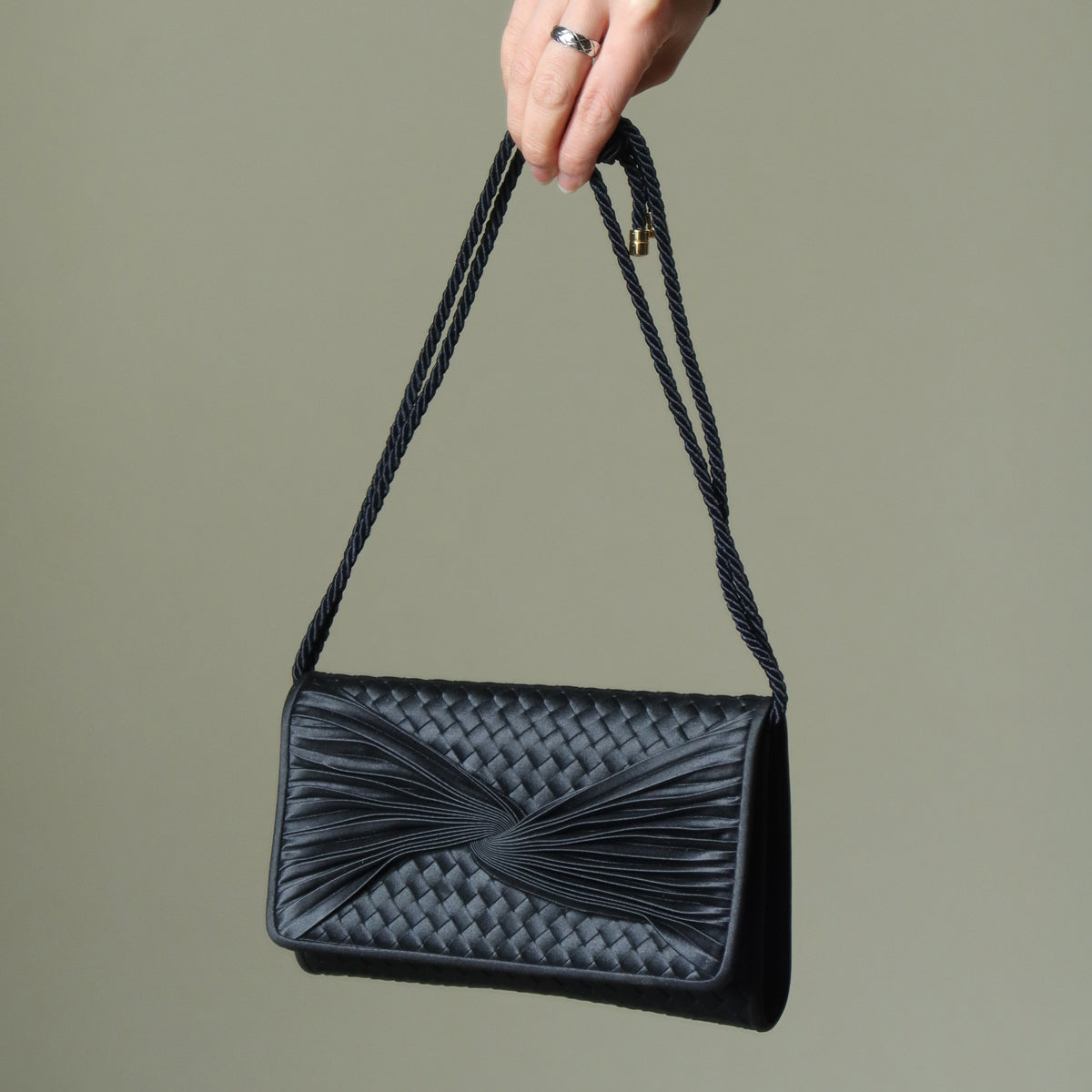 Rare Bottega Veneta Vintage Black Satin Intrecciato Bow Clutch 2 way Shoulder Bag