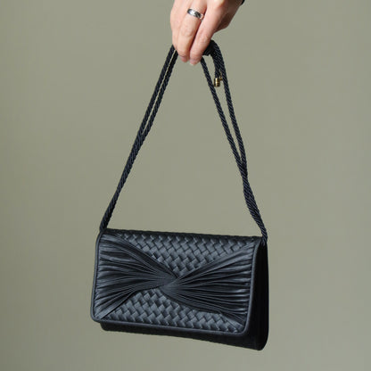 Rare Bottega Veneta Vintage Black Satin Intrecciato Bow Clutch 2 way Shoulder Bag