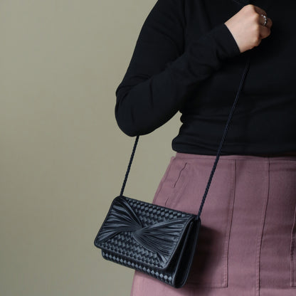 Rare Bottega Veneta Vintage Black Satin Intrecciato Bow Clutch 2 way Shoulder Bag