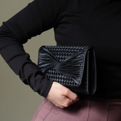 Rare Bottega Veneta Vintage Black Satin Intrecciato Bow Clutch 2 way Shoulder Bag