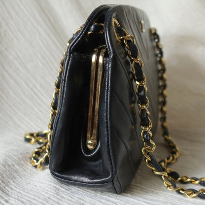 Chanel Vintage Black Lambskin Chevron Quilted CC mark Kiss Lock Bag