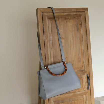 Gucci Vintage Nymphaea Gray Leather Bamboo Handle Pearl 2way Shoulder Bag