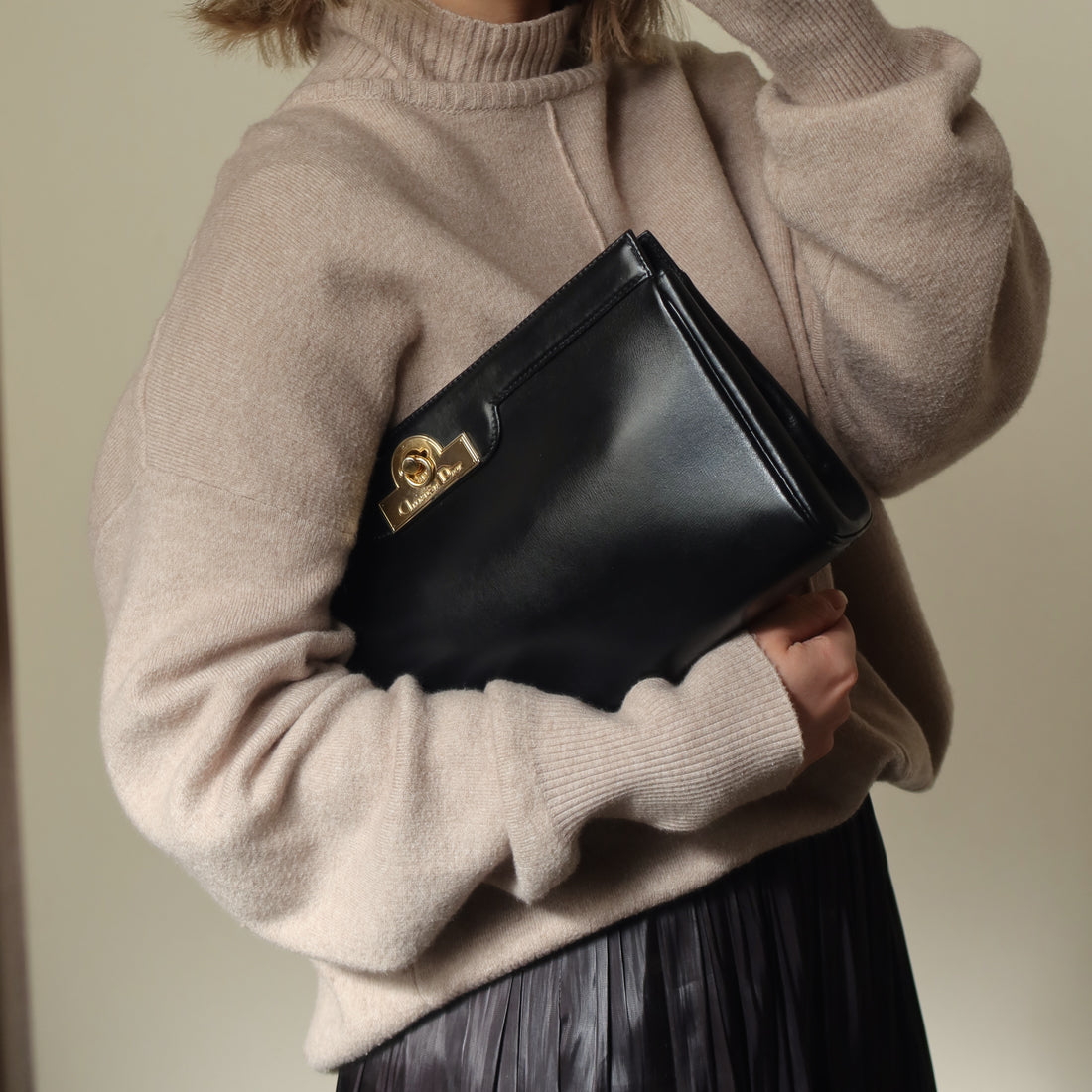 Christian Dior Vintage Gold Turn lock Black Leather Clutch Bag