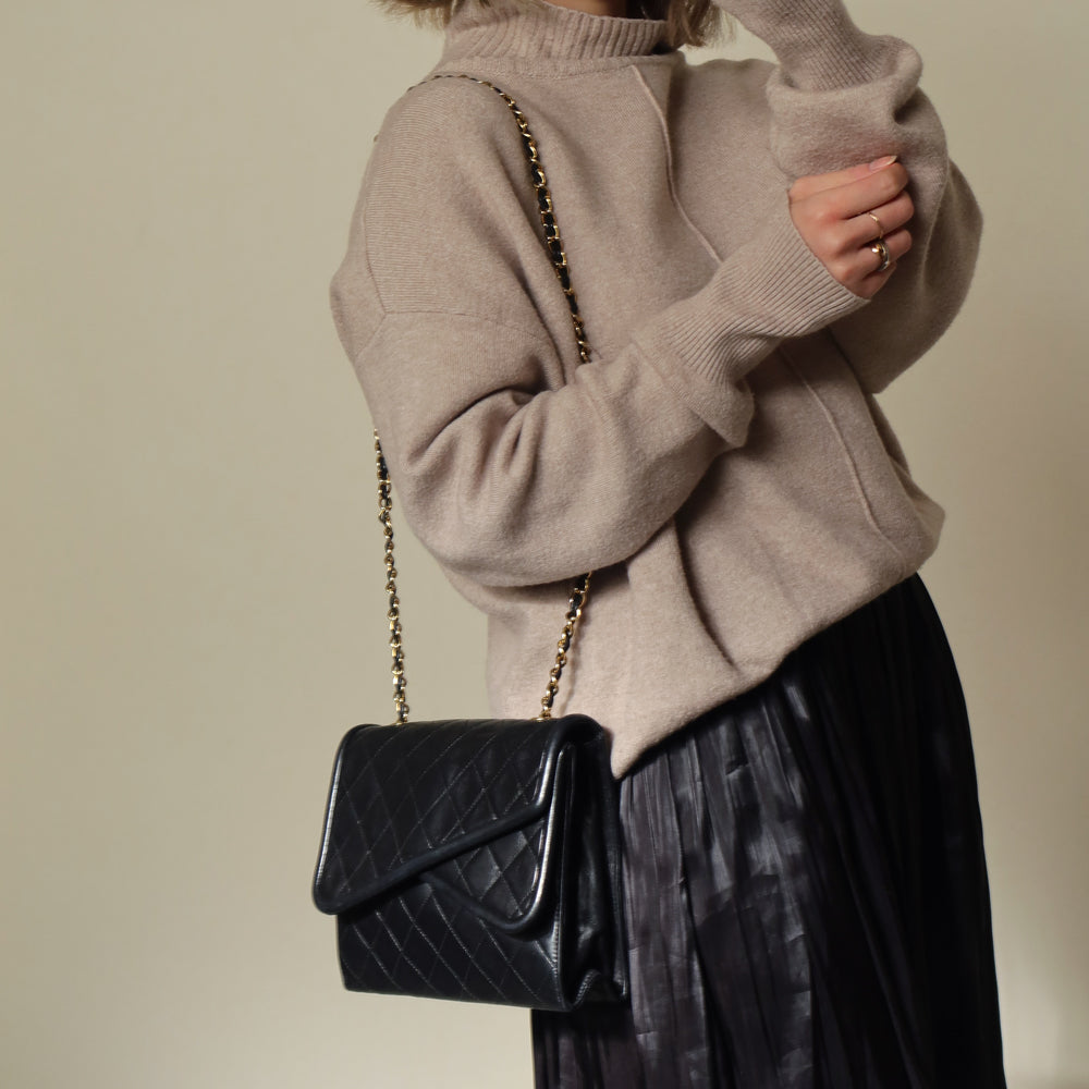 Chanel Vintage Black Lambskin Medium Asymmetrical Double Flap Bag