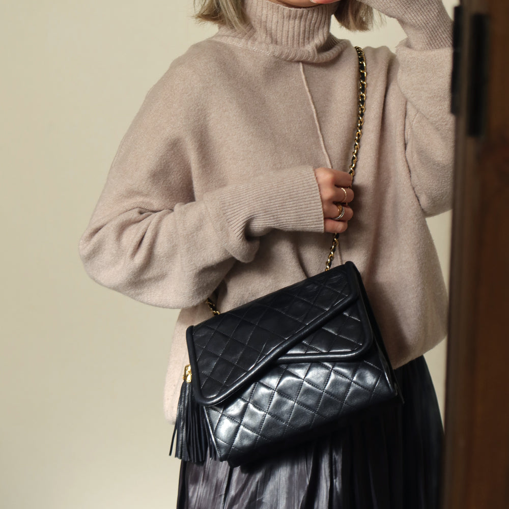 Chanel Vintage Black Lambskin Medium Asymmetrical Double Flap Bag