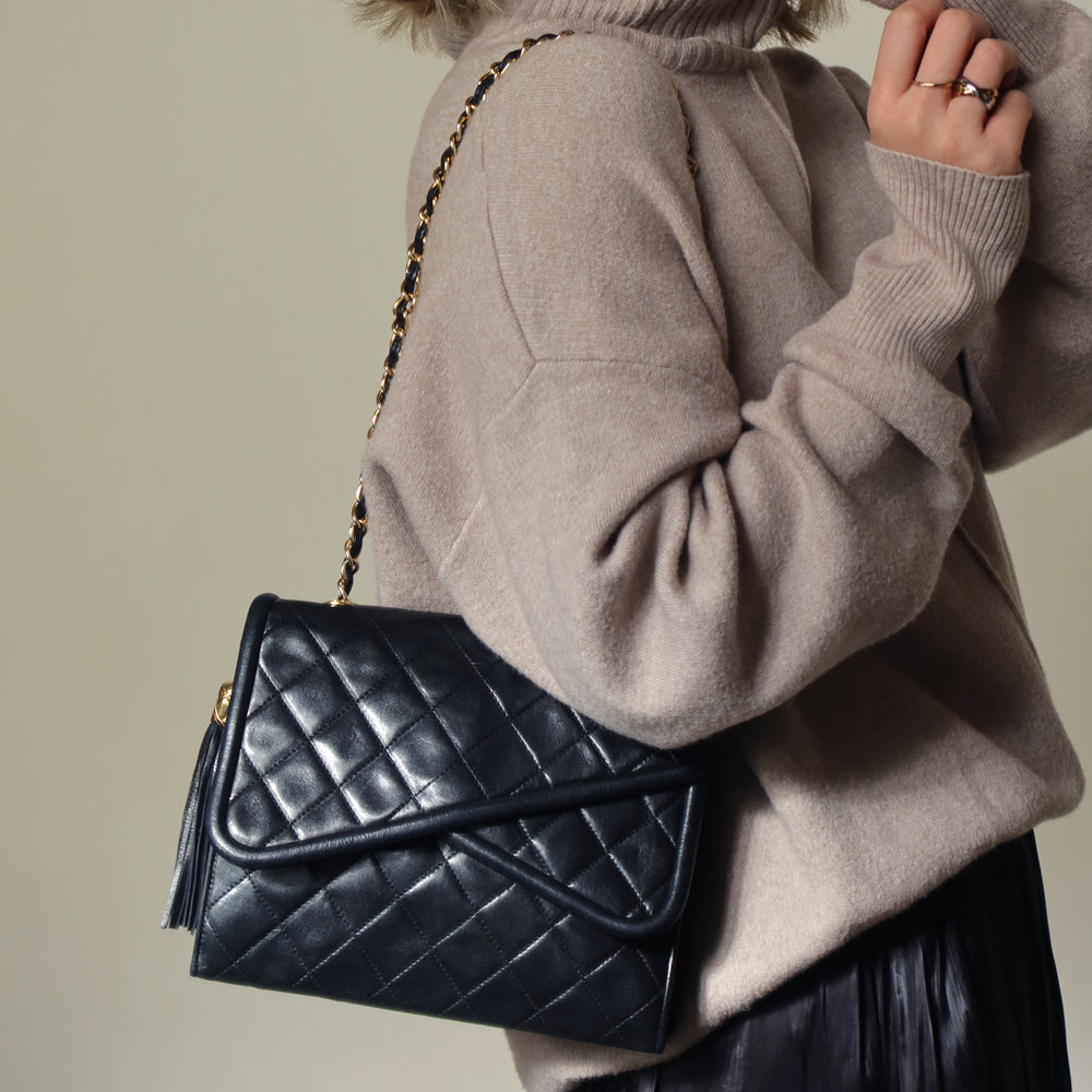 Chanel Vintage Black Lambskin Medium Asymmetrical Double Flap Bag