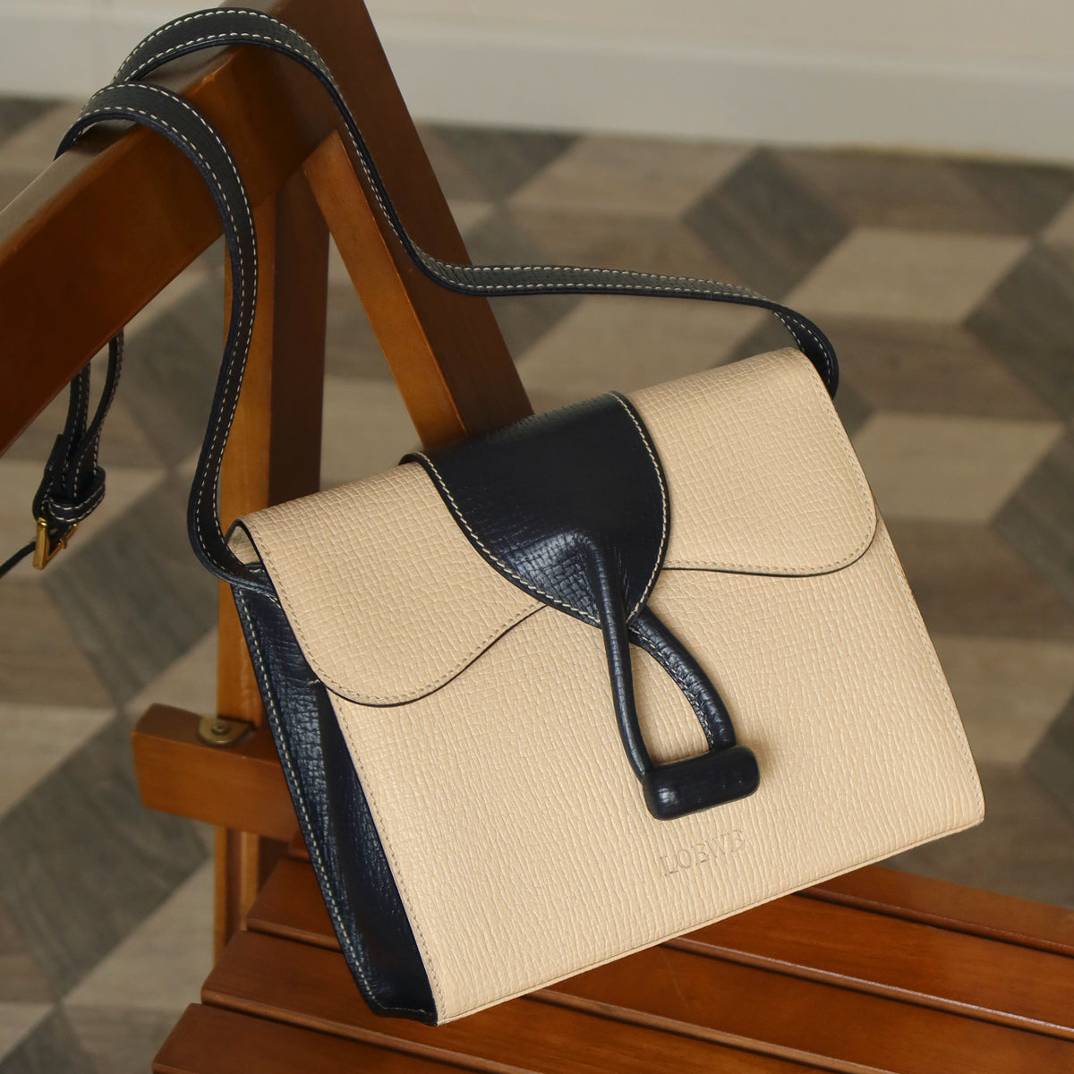 Loewe Vintage Ivory Dark Navy Grained Leather Knot Turn lock Crossbody Bag