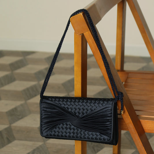 Rare Bottega Veneta Vintage Black Satin Intrecciato Bow Clutch 2 way Shoulder Bag