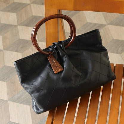 Chanel Vintage Black Lambskin Stitched Wood Resin Top Handle Weekend Bag N