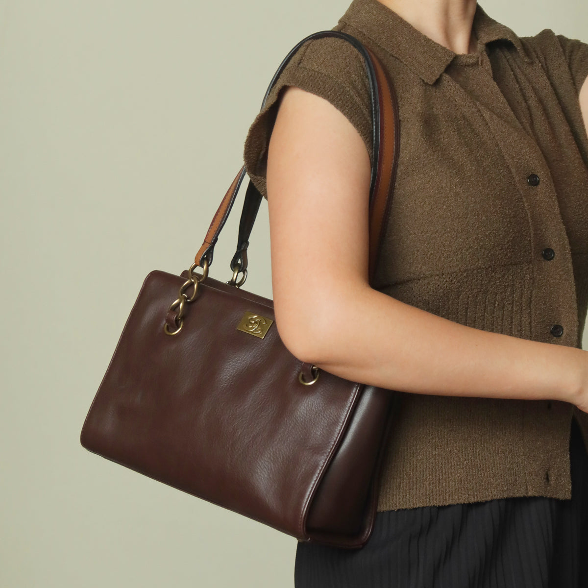 Rare Chanel Vintage Dark Brown CC mark Double Strap Shoulder Tote Bag