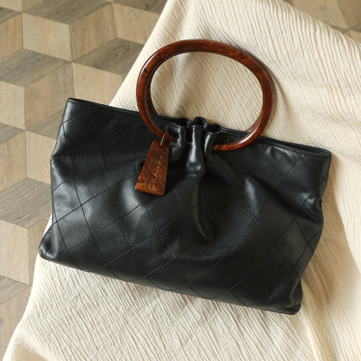 Chanel Vintage Black Lambskin Stitched Wood Resin Top Handle Weekend Bag N