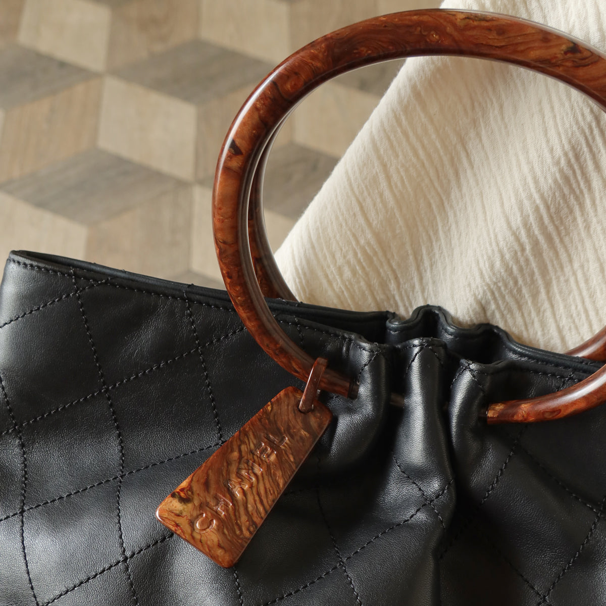 Chanel Vintage Black Lambskin Stitched Wood Resin Top Handle Weekend Bag N