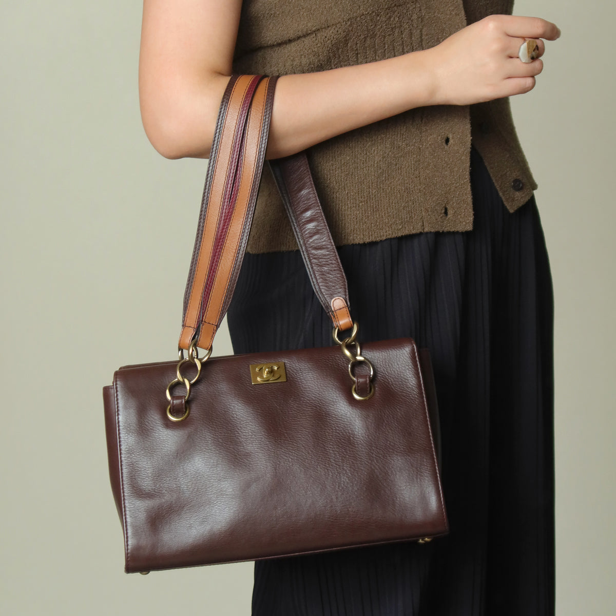 Rare Chanel Vintage Dark Brown CC mark Double Strap Shoulder Tote Bag