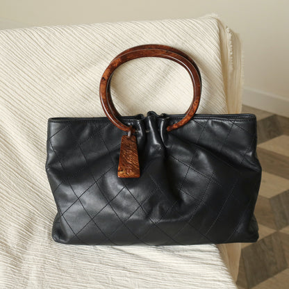 Chanel Vintage Black Lambskin Stitched Wood Resin Top Handle Weekend Bag N