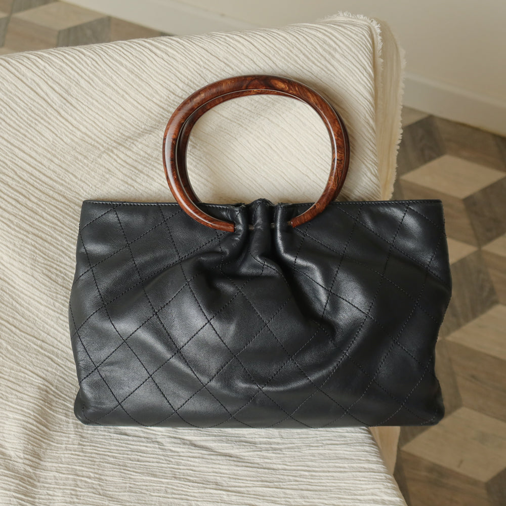 Chanel Vintage Black Lambskin Stitched Wood Resin Top Handle Weekend Bag N