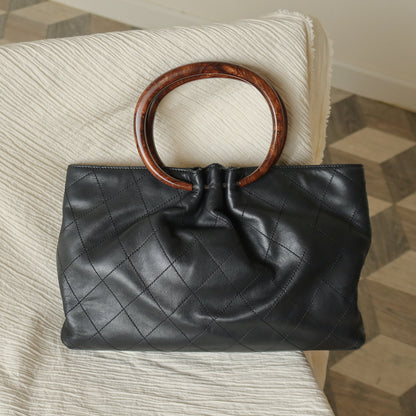 Chanel Vintage Black Lambskin Stitched Wood Resin Top Handle Weekend Bag N