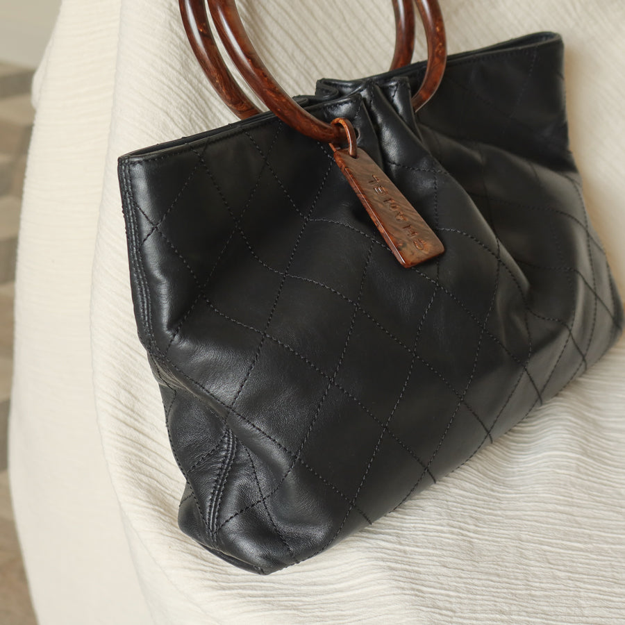 Chanel Vintage Black Lambskin Stitched Wood Resin Top Handle Weekend Bag N