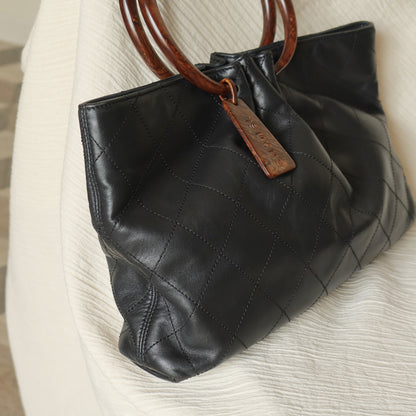 Chanel Vintage Black Lambskin Stitched Wood Resin Top Handle Weekend Bag N