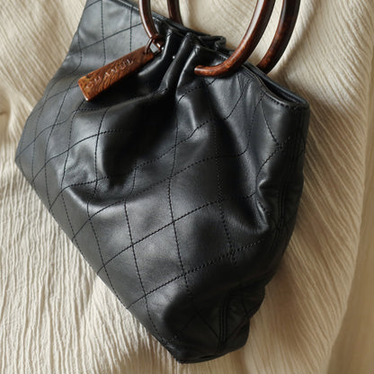 Chanel Vintage Black Lambskin Stitched Wood Resin Top Handle Weekend Bag N