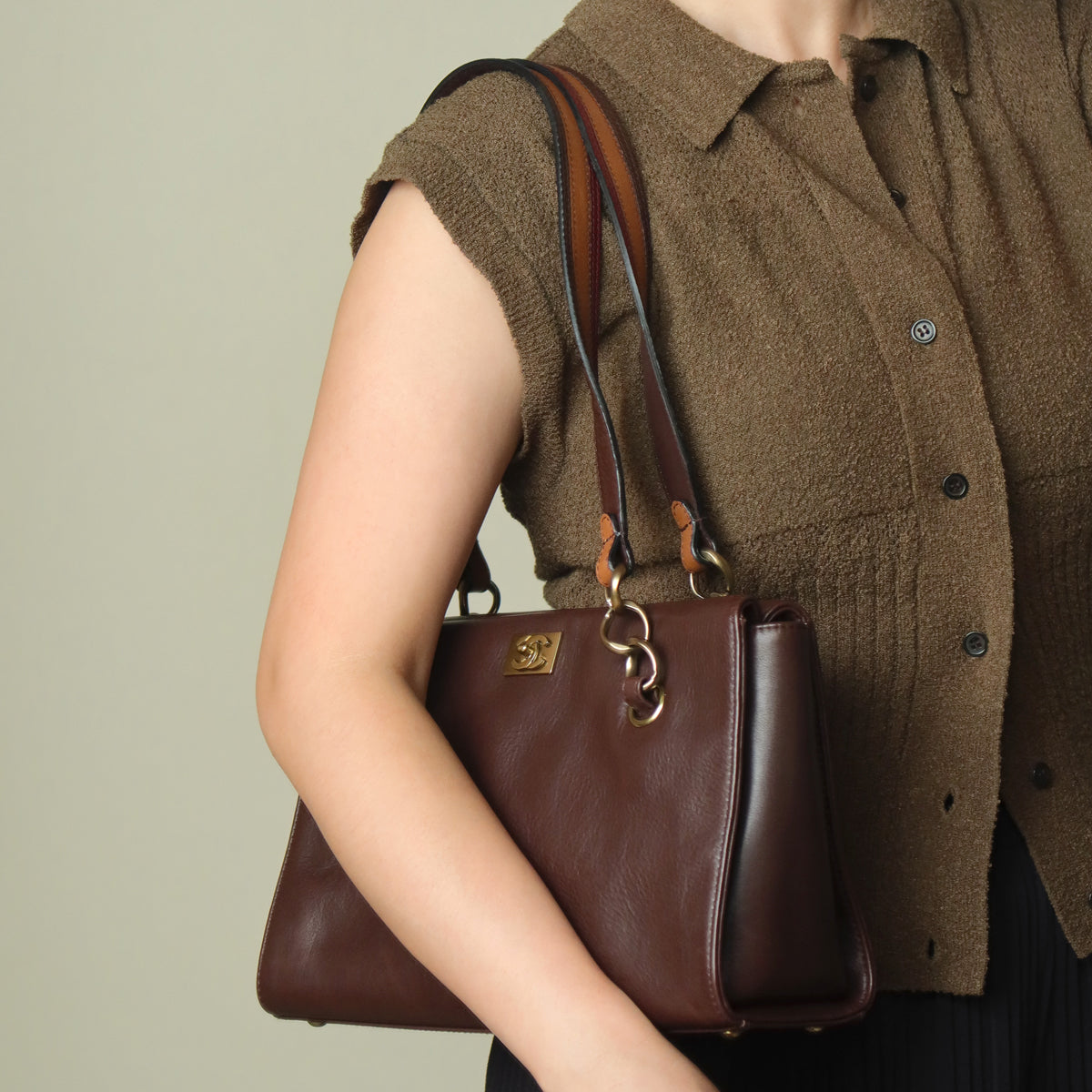 Rare Chanel Vintage Dark Brown CC mark Double Strap Shoulder Tote Bag