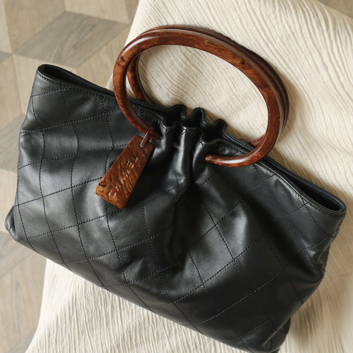 Chanel Vintage Black Lambskin Stitched Wood Resin Top Handle Weekend Bag N