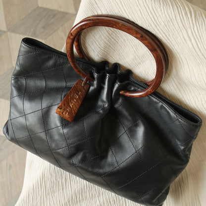 Chanel Vintage Black Lambskin Stitched Wood Resin Top Handle Weekend Bag N