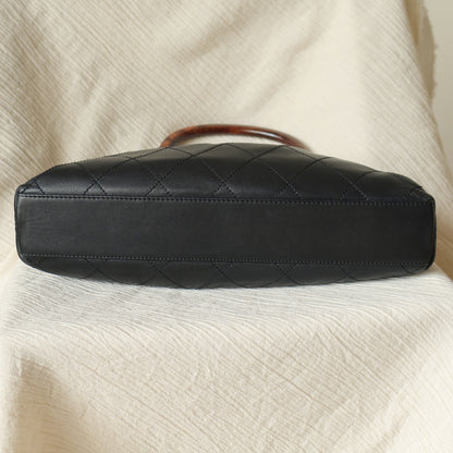 Chanel Vintage Black Lambskin Stitched Wood Resin Top Handle Weekend Bag N
