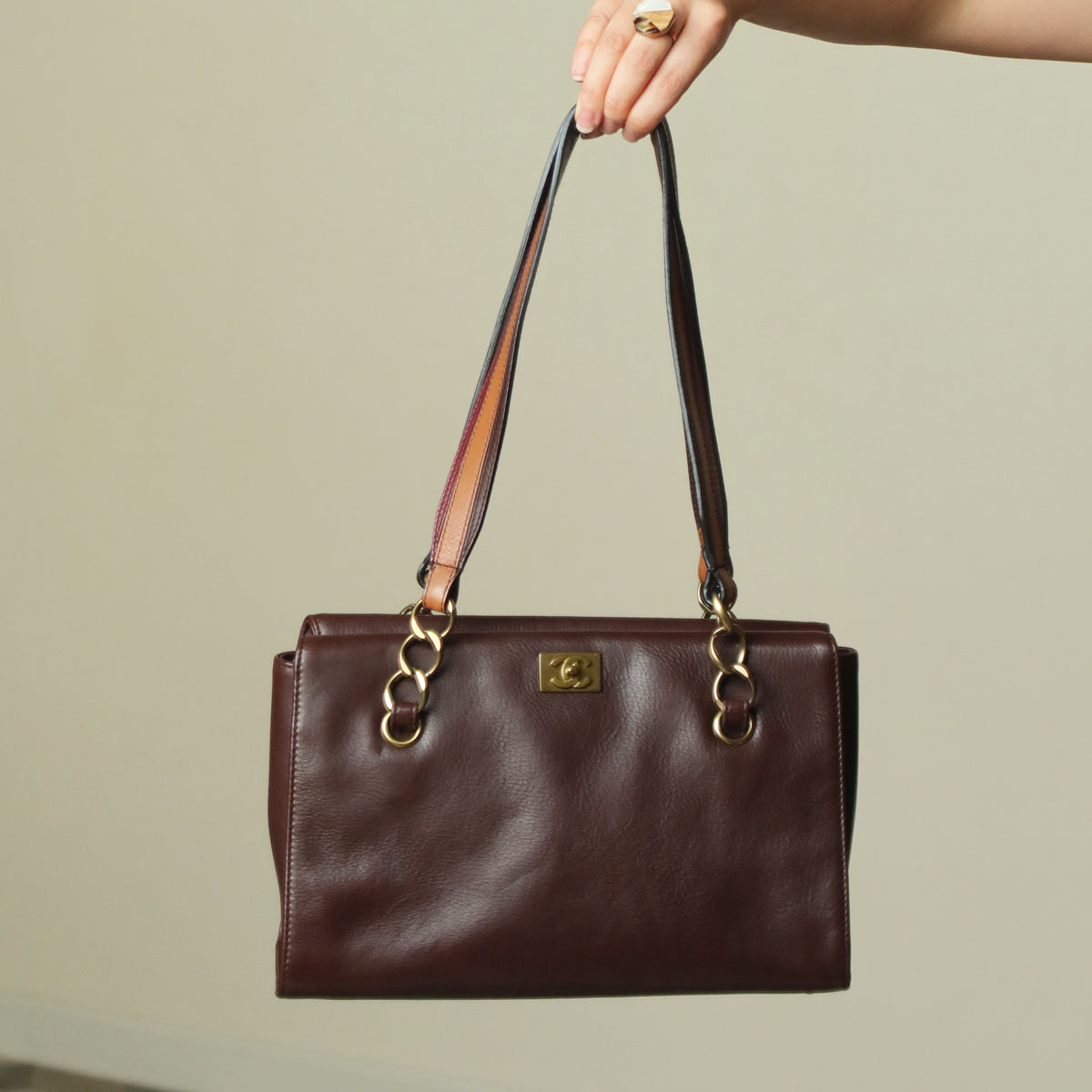 Rare Chanel Vintage Dark Brown CC mark Double Strap Shoulder Tote Bag