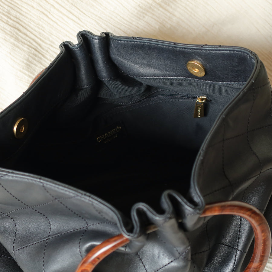 Chanel Vintage Black Lambskin Stitched Wood Resin Top Handle Weekend Bag N