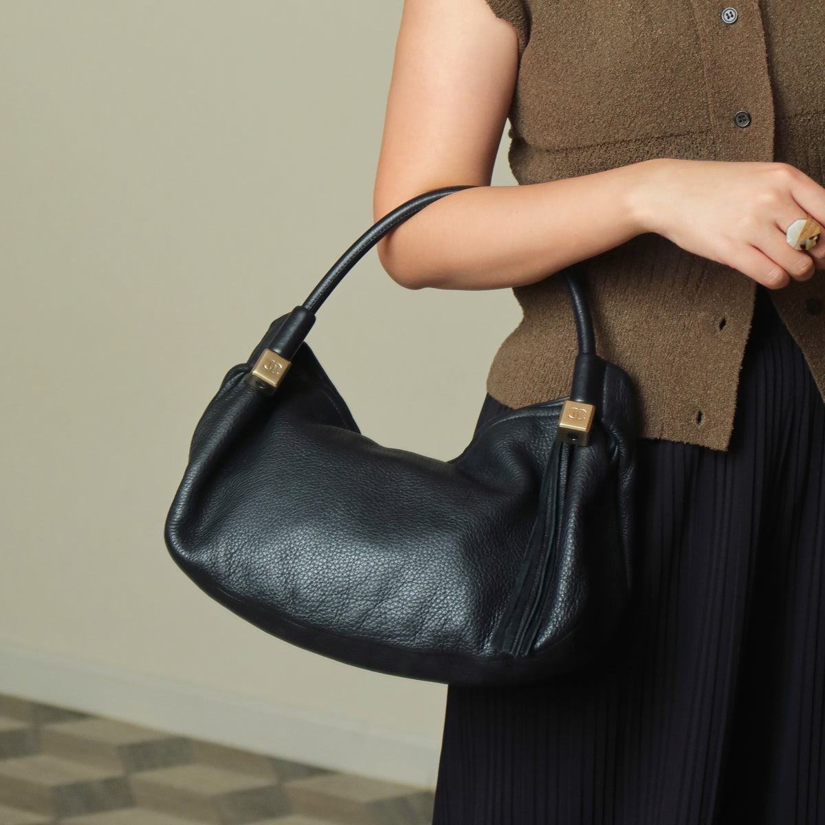 Chanel Vintage Black Calfskin CC Dice Fringe Charm 2way Hobo Bag S2