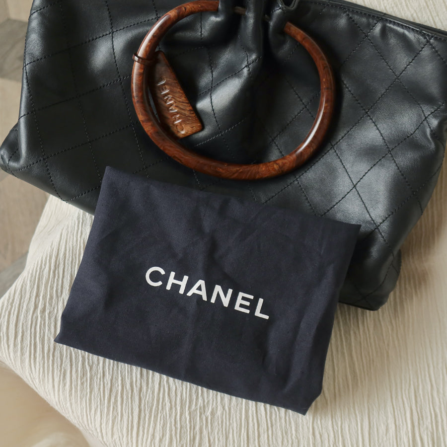 Chanel Vintage Black Lambskin Stitched Wood Resin Top Handle Weekend Bag N