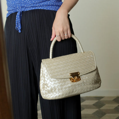 Vintage Bottega Veneta Shimmer Ivory Intrecciato Weave Top Handle Bag M