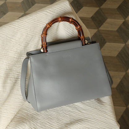 Gucci Vintage Nymphaea Gray Leather Bamboo Handle Pearl 2way Shoulder Bag