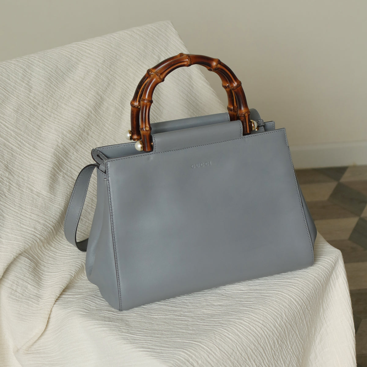 Gucci Vintage Nymphaea Gray Leather Bamboo Handle Pearl 2way Shoulder Bag