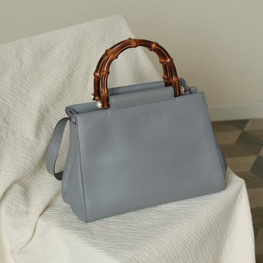 Gucci Vintage Nymphaea Gray Leather Bamboo Handle Pearl 2way Shoulder Bag