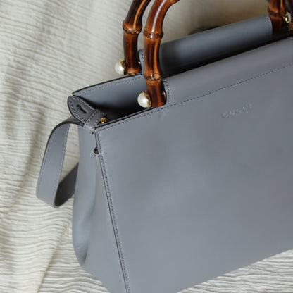 Gucci Vintage Nymphaea Gray Leather Bamboo Handle Pearl 2way Shoulder Bag