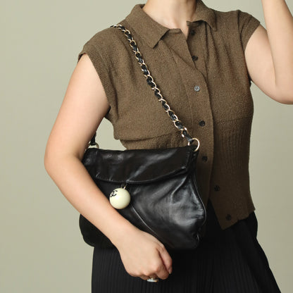Rare Chanel Vintage Black Coco Cue Ball charm Fold over Flap Shoulder Bag
