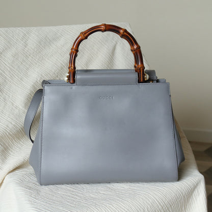 Gucci Vintage Nymphaea Gray Leather Bamboo Handle Pearl 2way Shoulder Bag