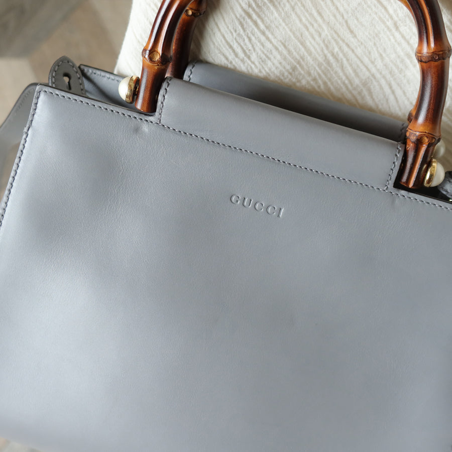 Gucci Vintage Nymphaea Gray Leather Bamboo Handle Pearl 2way Shoulder Bag