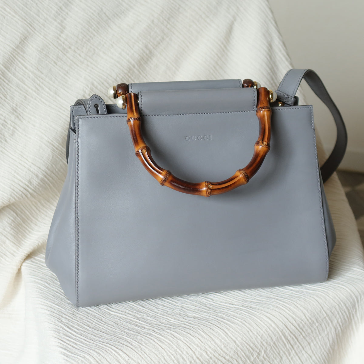 Gucci Vintage Nymphaea Gray Leather Bamboo Handle Pearl 2way Shoulder Bag