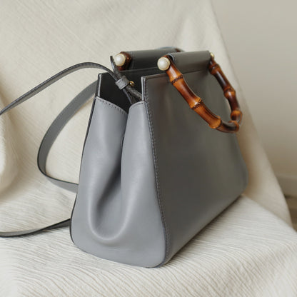 Gucci Vintage Nymphaea Gray Leather Bamboo Handle Pearl 2way Shoulder Bag