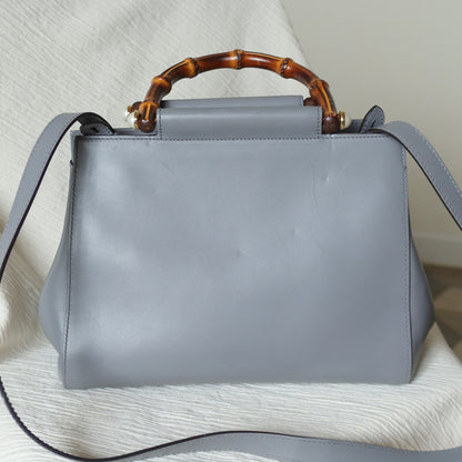 Gucci Vintage Nymphaea Gray Leather Bamboo Handle Pearl 2way Shoulder Bag