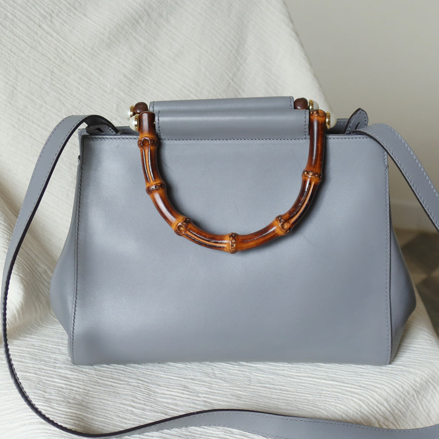 Gucci Vintage Nymphaea Gray Leather Bamboo Handle Pearl 2way Shoulder Bag