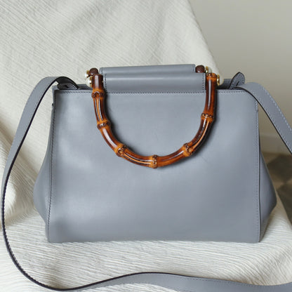 Gucci Vintage Nymphaea Gray Leather Bamboo Handle Pearl 2way Shoulder Bag